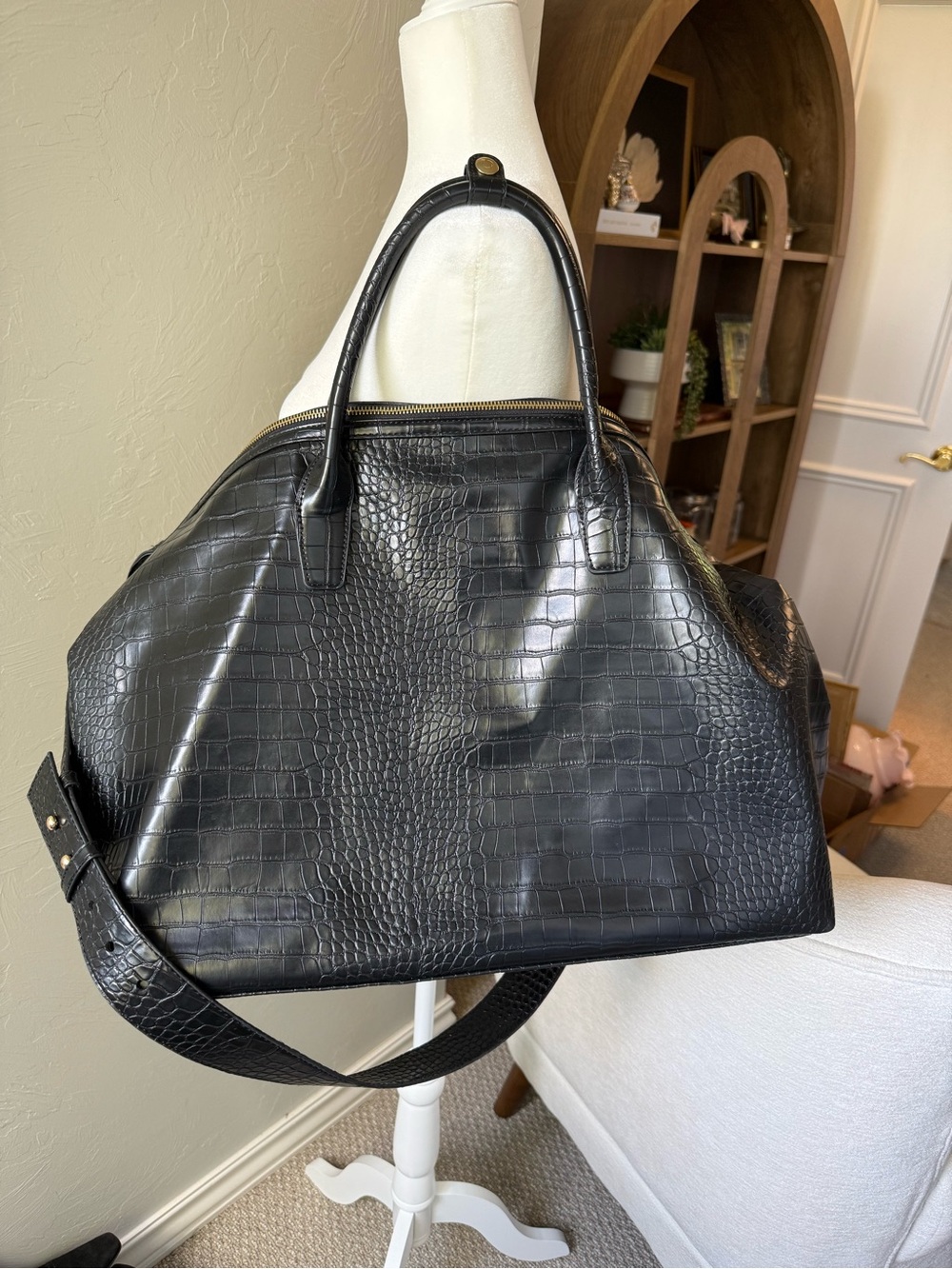 Lulu Dharma Black Croc Embossed Weekender Travel Bag Gold Hardware